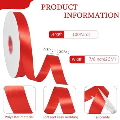 7/8in Polyester Red Satin Ribbon 100Yds Wedding Craft Gift Wrap - color: Red, size: 100Yards
