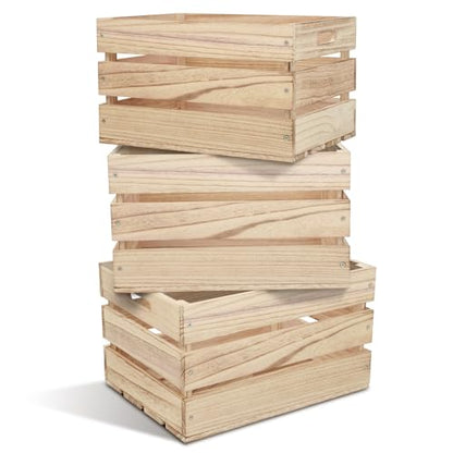 3 Pack Large Wood Crates Box for Storage, 16 x 12 x 9.5 Inch Unassembled Nesting Wood Boxes with Handles for Display Rustic Decor DIY Office Home Retail Art Craft (3, Brown)