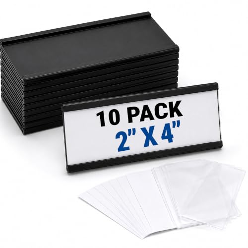 10 Pack Magnetic Label Holder 2x4 Inch - Magnetic Labels for Shelving, File Cabinet & Locker Name Plates - Magnet Labels for Steel Shelves & Racks - Includes Paper Inserts & Clear Plastic Protectors - size: 2" x 4"