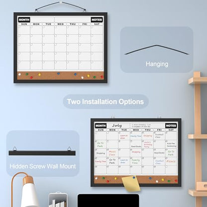 Monthly Calendar Dry Erase Board 16x12 Inch, Double-Sided Whiteboard and Corkboard Combo with Black MDF Frame, Wall Mounted Planner with Markers, Magnets, Push Pins, Eraser - size: 16"W x 12"H, style: Black Wood Frame