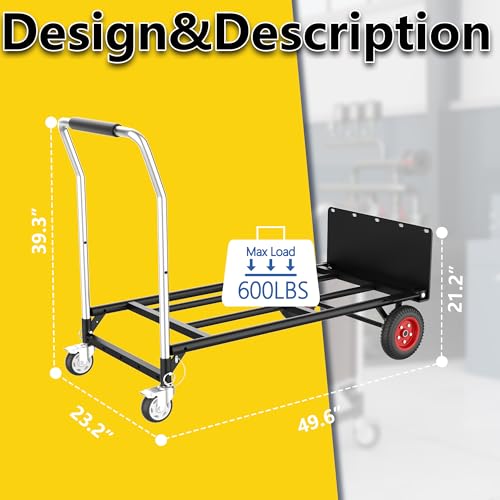 Hand Truck Dolly Heavy Duty, 2 in 1 Convertible Hand Truck and Dolly with 10" Flat-Free Wheels & Brakes, 600LBS Capacity, Includes Elastic Straps for Moving, Warehouse, Garden, Office Use, Black