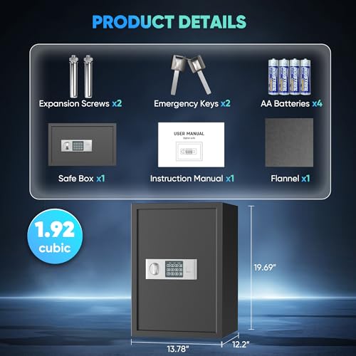 Locksworth Safe 1.92 Cubic Feet Safe Box with Electronic Keypad & Keys, Digital Security Lock Box for Home and Business Use, Money, Valuables, Guns, Jewelry and Documents, 13.8"W x 12.2"D x 19.7"H - size: 1.92 Cubic Feet