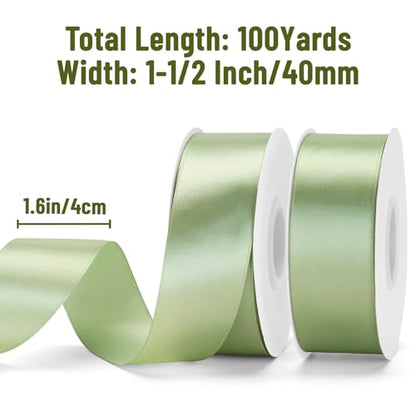 KINGLAKE Sage Green Satin Ribbon - 1-1/2'' x 100 Yards for Gift Wrapping - color: Sage Green, size: 1 1/2 Inch x 100 Yards
