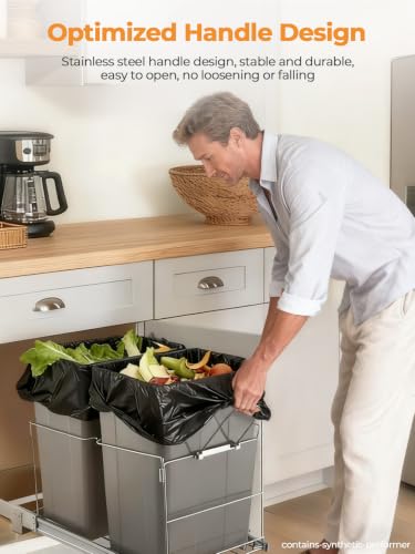 FOHERE Pull Out Trash Can Under Cabinet, 35 QT Double Under Sink Trash Can Waste Container with with Chrome Wire Bottom Mount and Handle, Heavy Duty Garbage Recycling Bin for Kitchen Cabinet, Sink