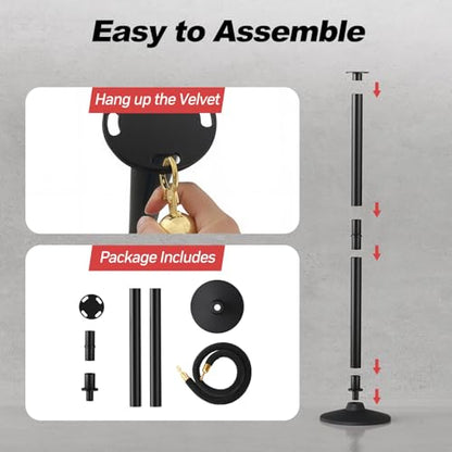 BATTIFE 2 Pack Plastic Stanchion Posts, Black Velvet Rope, Crowd Control - color: Black, size: 33.8inch