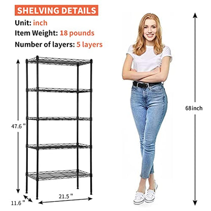 5 Tier Storage Shelves, Adjustable Wire Shelf Rack 21.5 x 11.6 x 47.6 - color: Black, size: 11.6"D x 21.5"W x 47.6"H