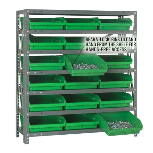 Quantum Storage 1239-109 Steel Shelf Bin Organizer System, 18 4"H Hopper-Front Bins, 7-Shelf Unit, 400 lb Per Shelf, for Warehouse, Shop, Garage & Stockroom, 12"D x 36"W x 39"H, Green - size: 39" H x 36" W x 12" D, style: 12" L x 12" W x 4" H 18 Economy G