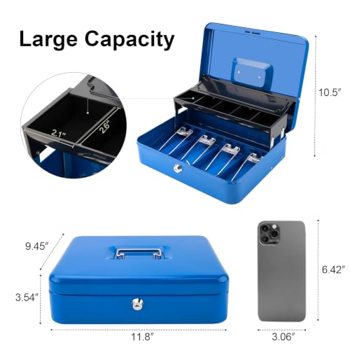 Jssmst Metal Cash Box with Money Tray and Lock, Portable Cash Drawer, 11.8" - color: Blue Key-C