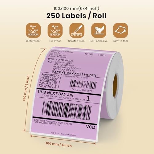 Purple Thermal Labels 4 × 6 Inch Waterproof Vinyl Stickers 250 PCS - color: Purple