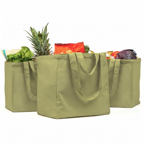 VeraMia Canvas Grocery Bag 3pc XL Set with Real Pockets, Long Shoulder Strap and Short Handle. Heavy Duty, Foldable, Washable - color: Avocado