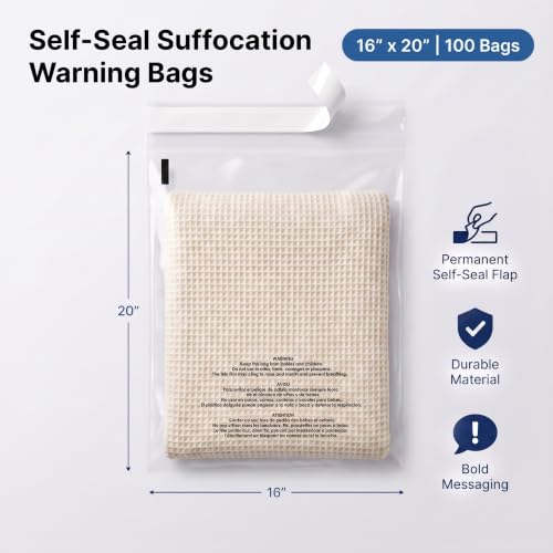 16" X 20" (100 Count) Self-Seal Clear Poly Bags With Suffocation Warning - size: 16" X 20"