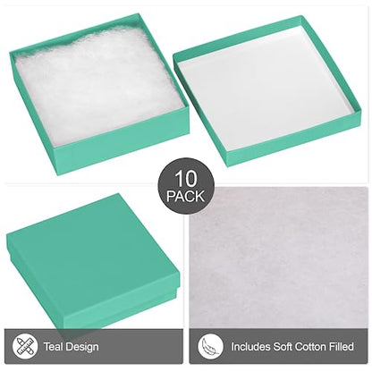 Cardboard Jewelry Boxes 10 Pack - 3.5"x3.5"x1" Bulk Cotton Filled Small Gift Boxes with Lids for Jewelry Packaging (Teal) - color: Teal