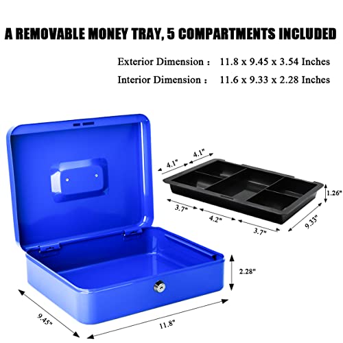 Jssmst Large Cash Box with Key Lock - Durable Metal Cash Box with Money Tray, 11.81 x 9.84 x 3.46 inches (X-Large, Blue) - color: Blue, size: XL(11.81")