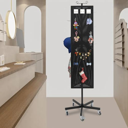 Triangular Metal Pegboard Panels Display with 20 Hooks, Black Pegboard Display Stand with Wheels, Jewelry Display Rack, Art Display Stand for Retail Shops, Boutiques