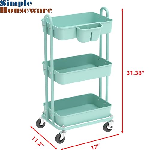 Simple Houseware 3-Tier Rolling Utility Cart with Hanging Bucket, Turquoise - color: Turquoise, size: 3-Tier