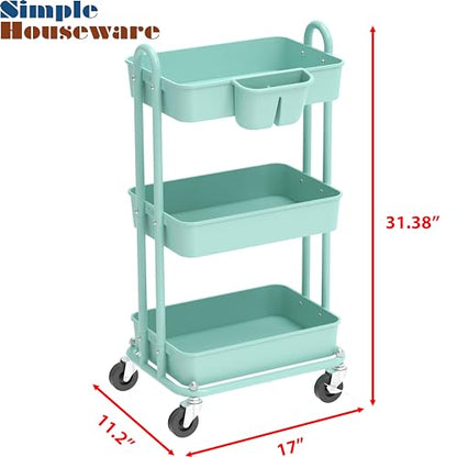 Simple Houseware 3-Tier Rolling Utility Cart with Hanging Bucket, Turquoise - color: Turquoise, size: 3-Tier