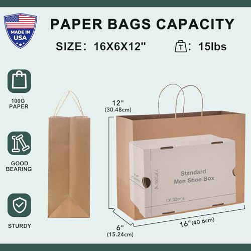 METRONIC Gift Bags with Handles,16x6x12 Recyclable Brown Paper Bags 50Pcs - color: Brown, size: 1 Count (Pack of 50)