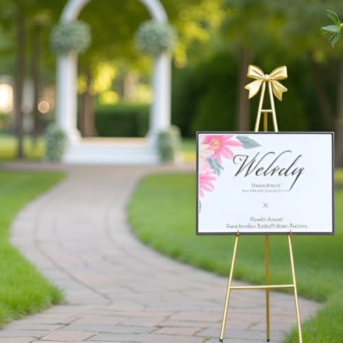 53”H Metal Gold Easel Stand for Sign Heavy Duty with Bow Top - color: Golden bow top