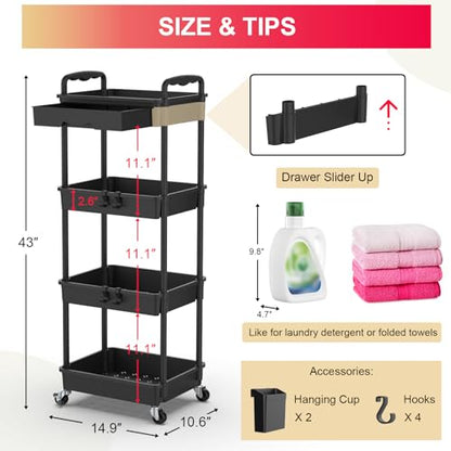 Goovilla 4 Tier Rolling Utility Cart Organizer with Removable Drawer, Black - size: 4 Tier, style: Black