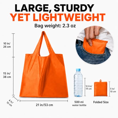 Reusable Grocery Bags 6 Pack, Foldable Shopping Bags with Pouch, Heavy Duty 50 LBS, Machine Washable Travel Totes - color: Orange