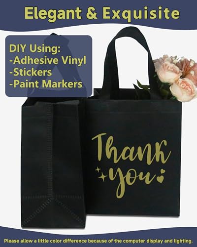 24 Black Thank You Gift Bags - Sturdy, Reusable, Medium 8x5x10 with Handles, Non-Woven for Weddings, Teachers, Father's Day, Parties, Birthdays & Graduations