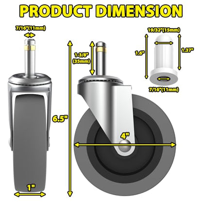 4 Inch Swivel Stem Casters 7/16-Inch Stem Diameter Rubber Wheels - 4 Pack - style: 4 Inch-7/16"x1-3/8"