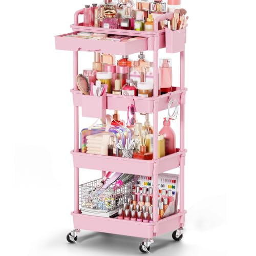 Goovilla Rolling Makeup Organizer Cart with Removable Drawer, 4 Tier Pink - color: Pink, size: 4 Tier