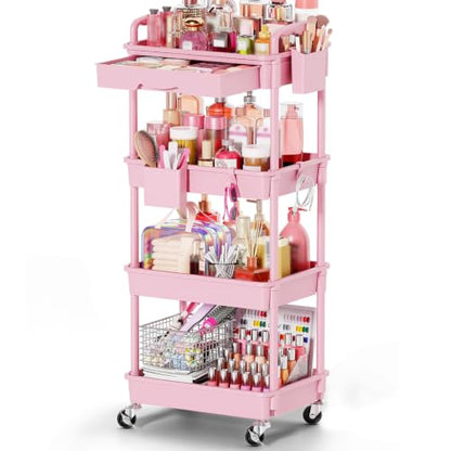 Goovilla Rolling Makeup Organizer Cart with Removable Drawer, 4 Tier Pink - color: Pink, size: 4 Tier