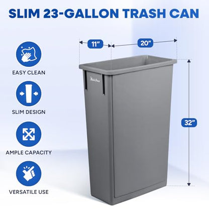 PLASTIC PRINCE 23 Gallon Slim Trash Can Kitchen, Commercial Tall Trash Bin Narrow, Rectangular Slim Jim Skinny Garbage Can for Home Garage Cabinet Restaurant, Gray - style: Gray Can