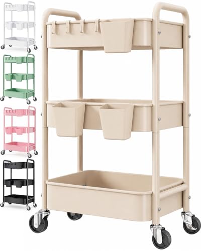 Beige 3 Tier Rolling Storage Cart Metal on Wheels, Cream Diaper Caddy Carts - color: Gentle‌ Beige, size: 3 Tier + Cups + Hooks