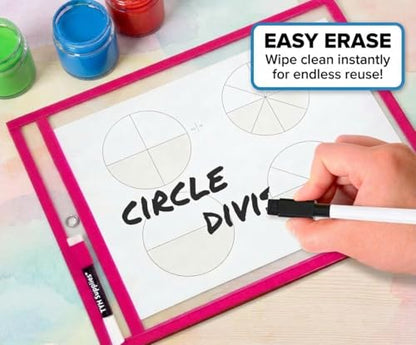 Dry Erase Pockets, 10 Pack Oversized 10 x 14 Reusable Sleeves for 8.5 x 11 Worksheets, Heavy Duty Clear Dry Erase Sheet Protectors with 10 Markers, Grommet & Loop for Classroom, Homeschool & Office