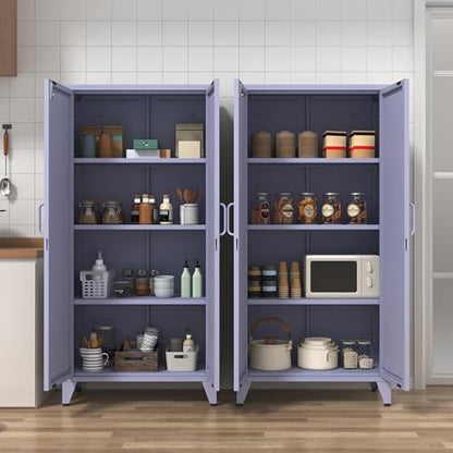 61" Tall Purple Farmhouse Metal Kitchen Pantry Cabinet, Lockable Freestanding Storage Cabinet with 2 X-Shape Metal Doors & 3 Adjustable Shelves, Cupboard with Legs for Home, Bedroom, Garage, Office - color: Lilac, style: Pantry-61"H-DH