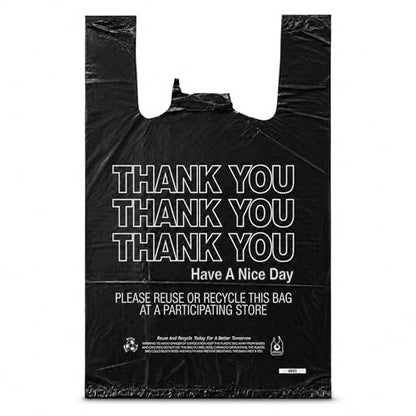 Black Thank You T-Shirt Bags, 10 x 5 x 18 in, 14 Micron, 1000 Count