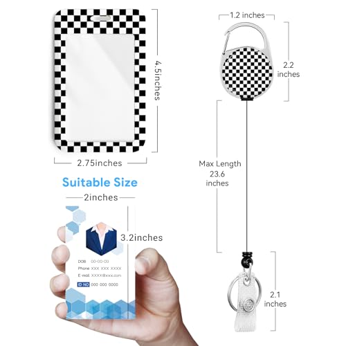 2 Pack Black and White Checkered&Cow ID Badge Holder with Clip Badge Reels - color: 2 Pack-checkered&cow