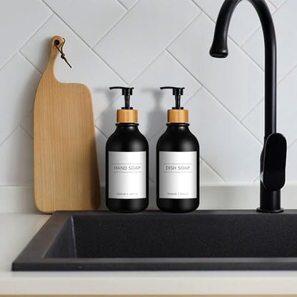 KASUNTING Hand Soap Dispenser Bathroom, Black Dish Soap Dispenser for Kitchen, 17 Fl Oz Plastic Hand and Dish Soap Dispensers Set with Bamboo Pump, 2 Pack Refillable Liquid Lotion Containers Bottle - color: Black, size: 2 Bottles