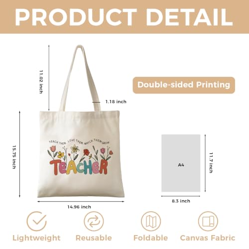 Cute Canvas Tote Bag for Women, Book Totebag with Zipper Pocket - color: Teacher Floral