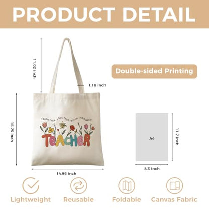 Cute Canvas Tote Bag for Women, Book Totebag with Zipper Pocket - color: Teacher Floral