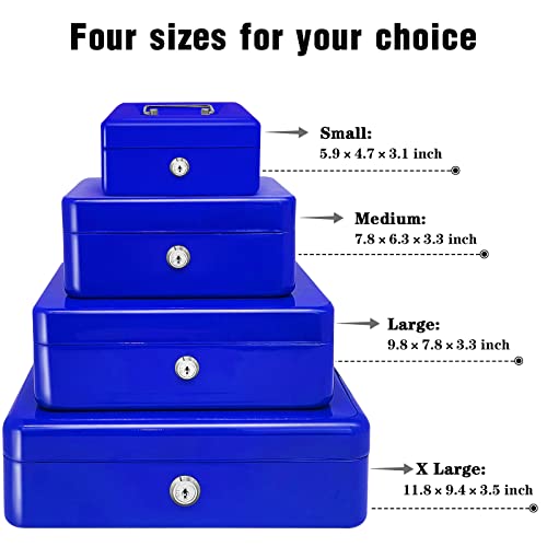 Steel Cash Box with Key Lock, Metal Small Money Organizer with Money Tray,Cash Storage Box with Lockable Cover (Blue - 12 inch) - color: Blue - 11.8" x 9.4" x 3.5"