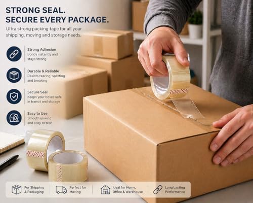 Ultra Strong Packing Tape 2.0 Mil – Clear Moving & Shipping Tape,100 Yards (300 ft) per Roll, 200 Total Yards, Heavy Duty Adhesive, 2 Rolls Pack for Boxes & Storage