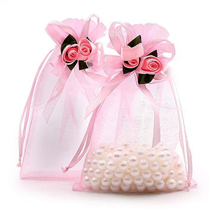 SumDirect Rose Organza Gift Bags - 50Pcs 4x6 inch Pink Wedding Favor Gift Bags, Jewelry Pouches with Drawstring for Party Wedding Christmas Valentine - color: Pink
