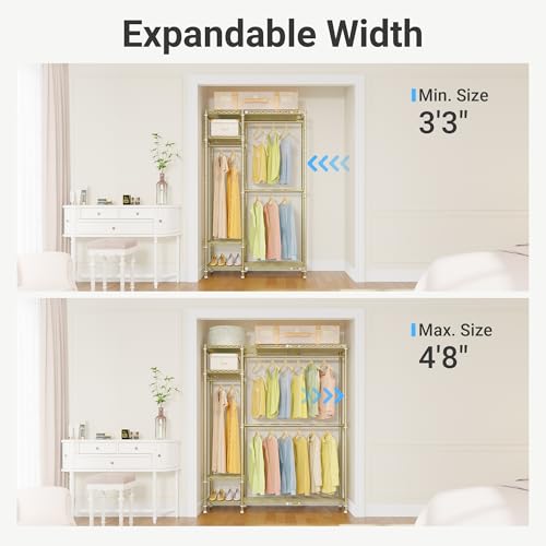 VIPEK X20 Expandable Metal Clothing Rack Adjustable from 3'3" to 4'8" Heavy Duty Garment Racks With Shelves and Hanger Rods Portable Wardrobe Open Closet System, Gold - color: Gold
