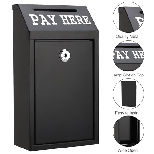 Metal Donation Box with Lock Money Cash Drop Box with Slot, Wall Mount Suggestion Box Collection Box Ballot Box for Home Office Outdoor Farm Stand, 10.2 x 5.7 x 3 in