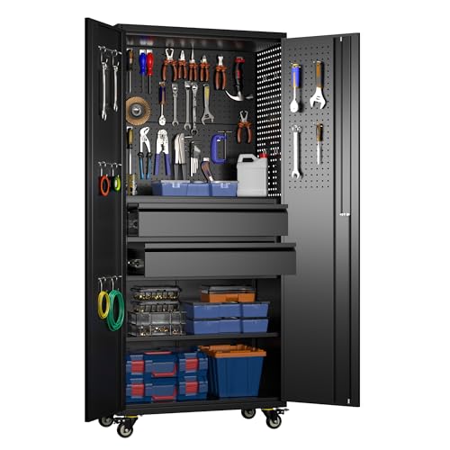 Metal Garage Storage Cabinet with Wheels, 2 Internal Drawers - color: Black, size: 15.5"D x 30"W x 71"H