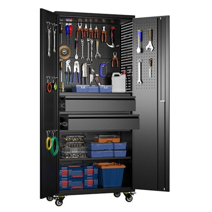 Metal Garage Storage Cabinet with Wheels, 2 Internal Drawers - color: Black, size: 15.5"D x 30"W x 71"H