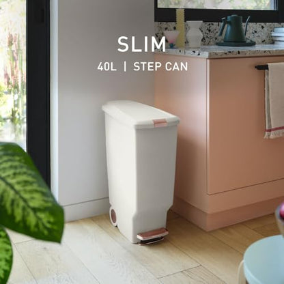 simplehuman Slim Step Can, 40L / 10.6 Gallon Space-Efficient Kitchen Trash Can, Studio Edition, Pet-Proof Slide Lock, 150,000-Step Pedal, Wheels, Cream Plastic - color: Cream