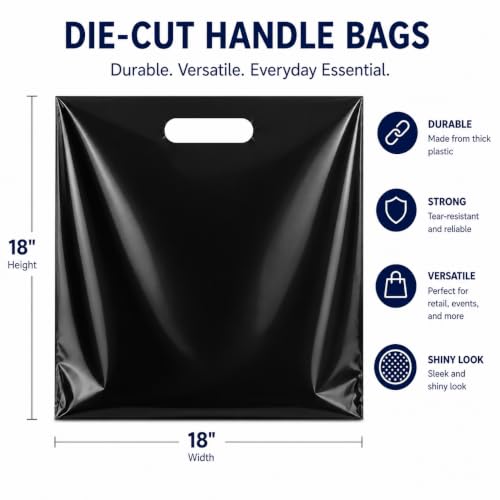 Purple Q Crafts 50 Pack Black Plastic Merchandise Bags with Die Cut Handles, 18" x 18" Retail Bags