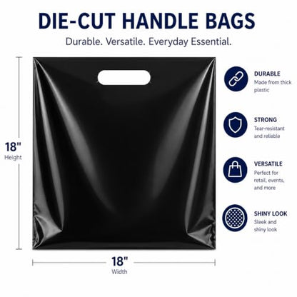 Purple Q Crafts 50 Pack Black Plastic Merchandise Bags with Die Cut Handles, 18" x 18" Retail Bags