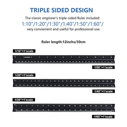 Architectural and Engineering Scale Ruler Set, Imperial Measurements 12'' - color: Black-A&E