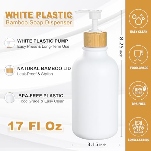KASUNTING White Soap Dispenser, 2 Pack Plastic Bathroom Hand Soap and Lotion Dispenser Set with Bamboo Pump, 17 Fl Oz Hand and Dish Soap Dispensers Set for Kitchen, Refillable Liquid Soap Bottles - color: White, size: 2 Bottles