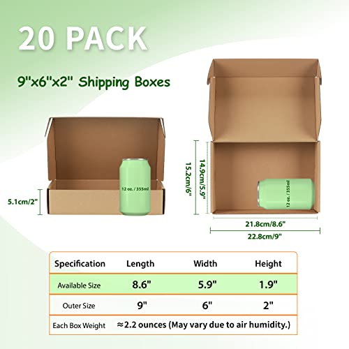 9x6x2 Cardboard Shipping Boxes Set of 20, Brown - size: 9" x 6" x 2"